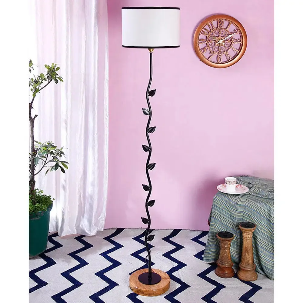 Leaf Floor Lamp with Wood Round Base & Drum Cotton Shade Off-White