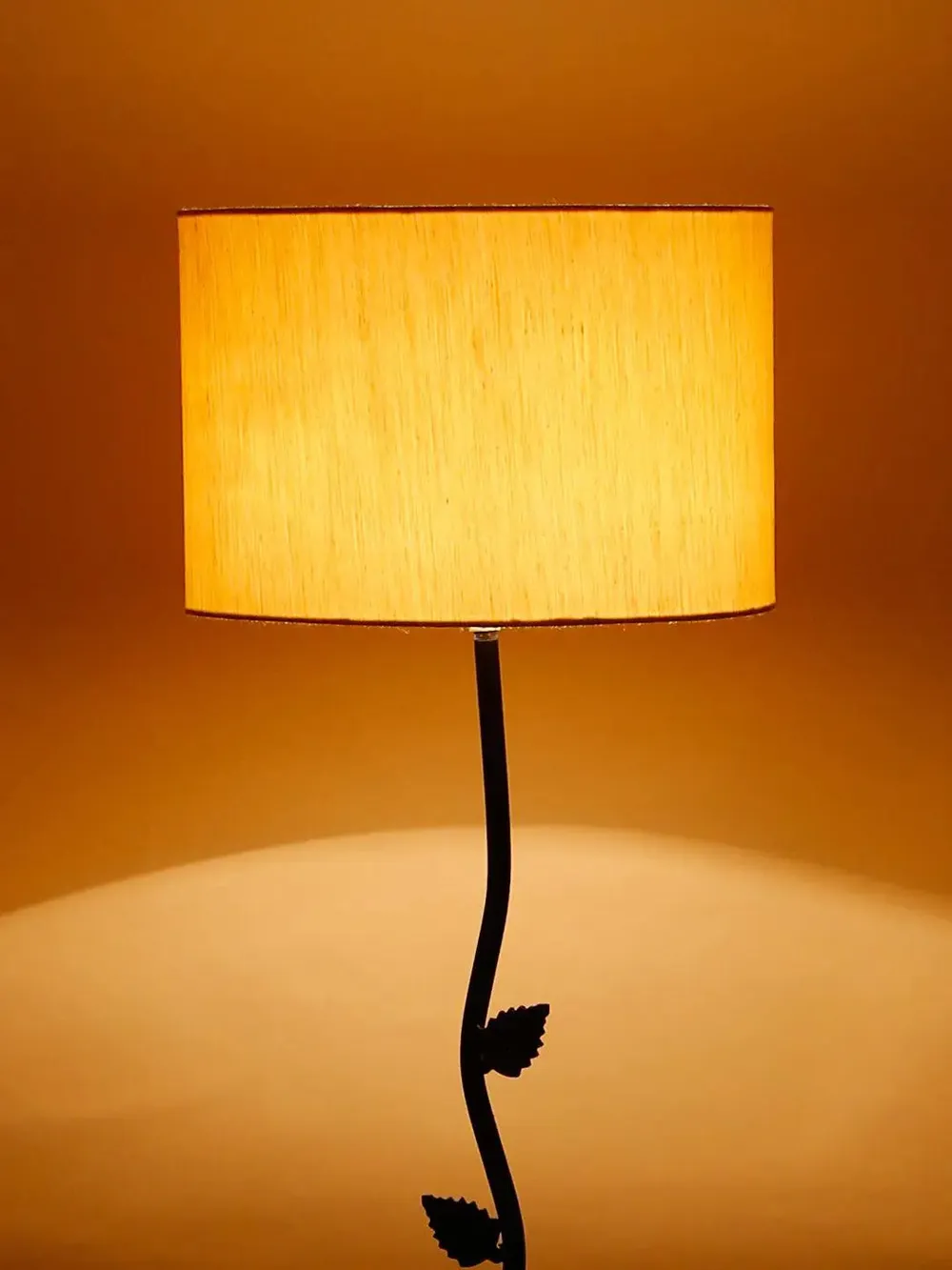 Leaf Floor Lamp with Wood Round Base & Drum Cotton Shade Off-White