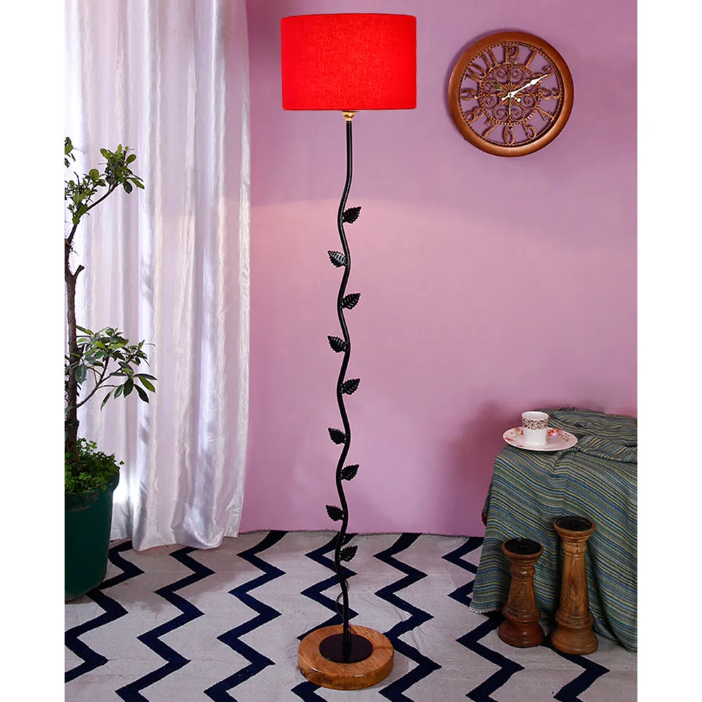 Leaf Floor Lamp with Wood Round Base & Drum Cotton Shade Off-White