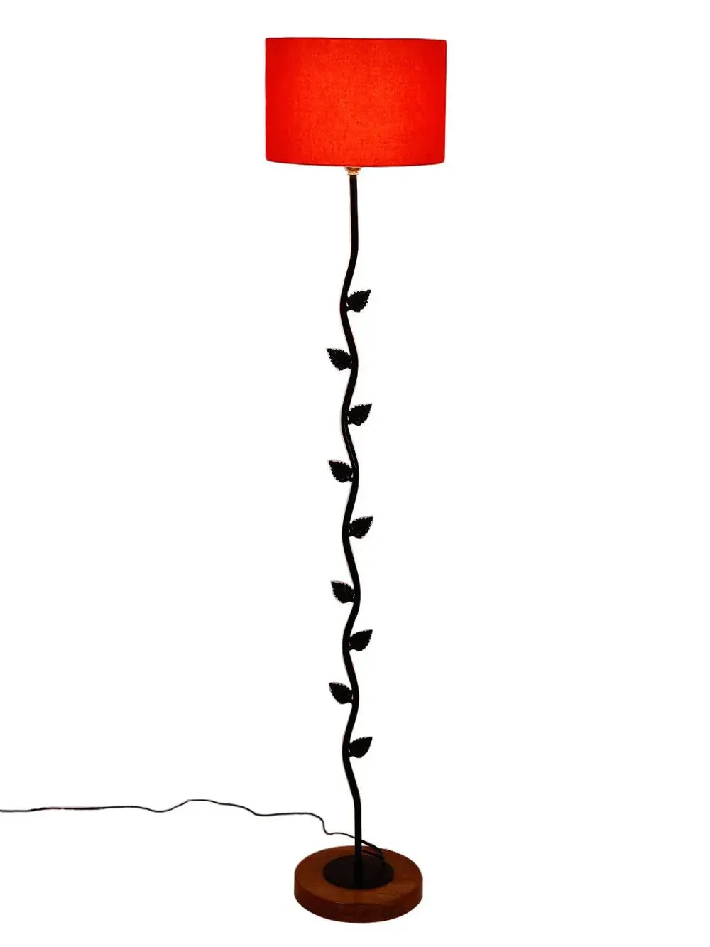 Leaf Floor Lamp with Wood Round Base & Drum Cotton Shade Off-White