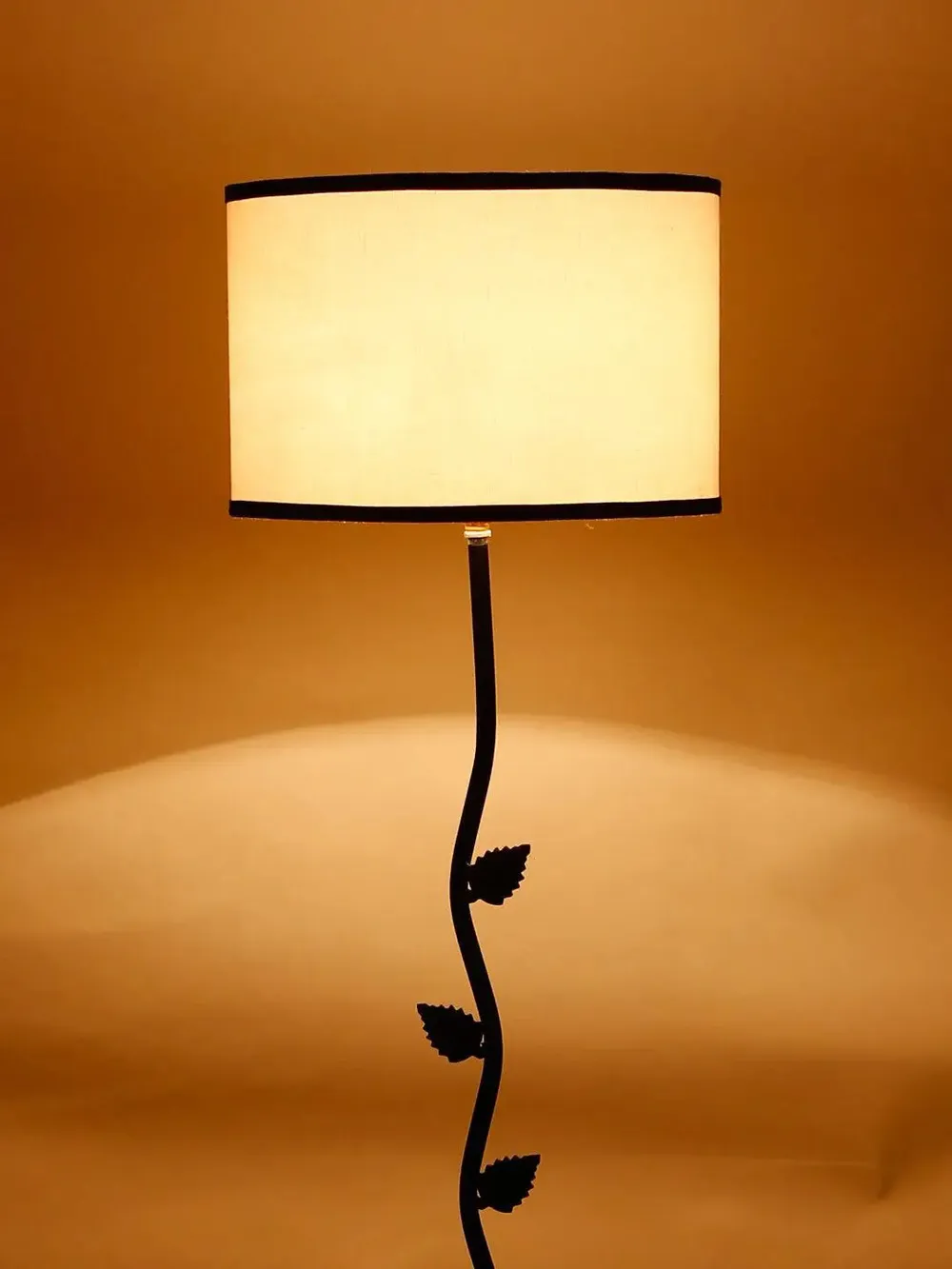 Leaf Floor Lamp with Wood Round Base & Drum Cotton Shade Off-White