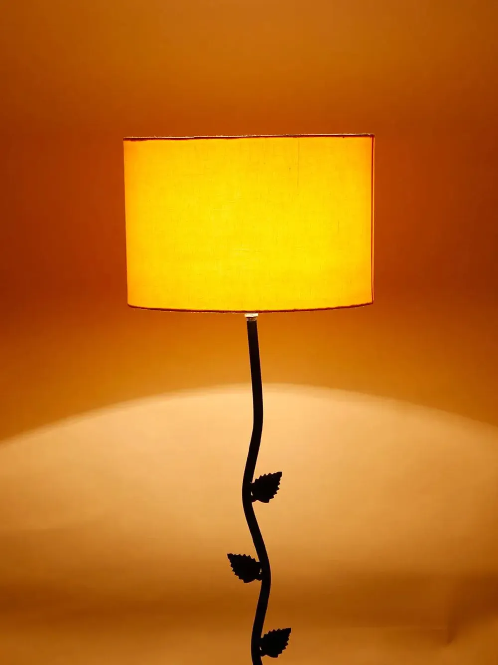 Leaf Floor Lamp with Wood Round Base & Drum Cotton Shade Off-White