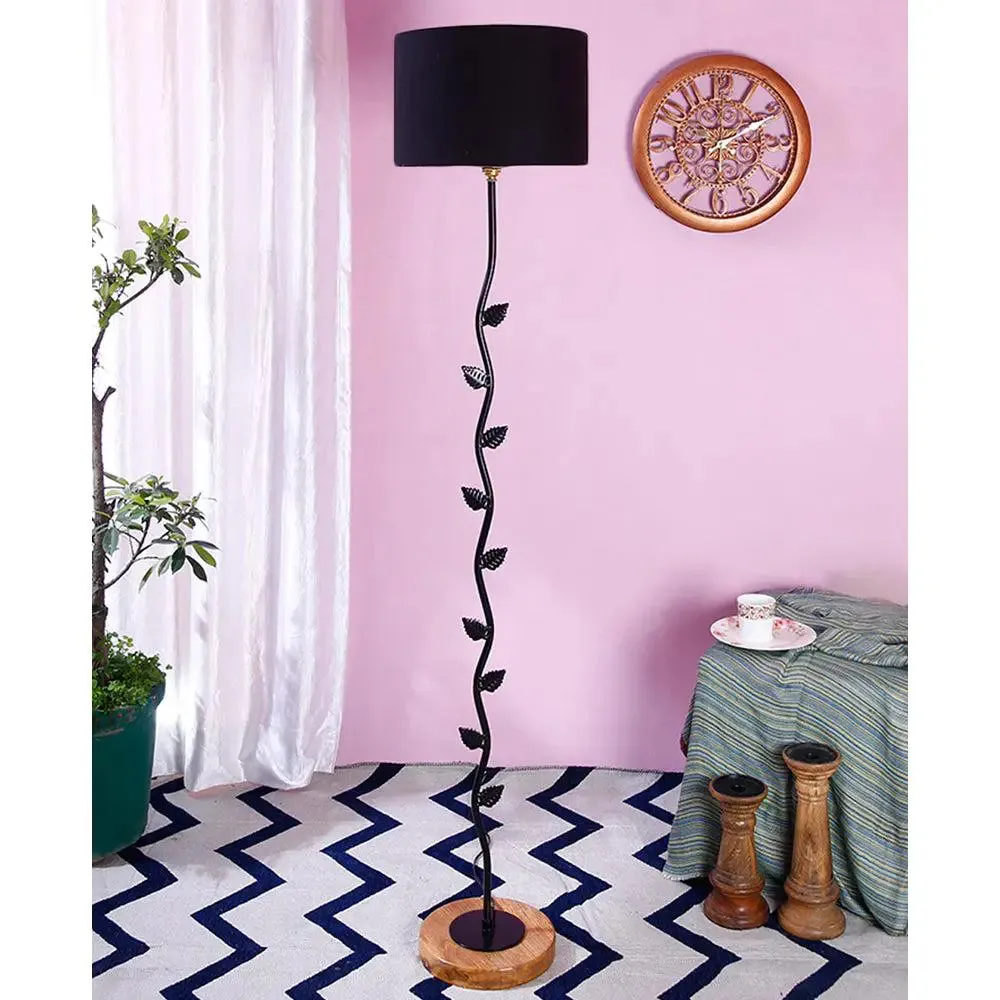 Leaf Floor Lamp with Wood Round Base & Drum Cotton Shade Off-White