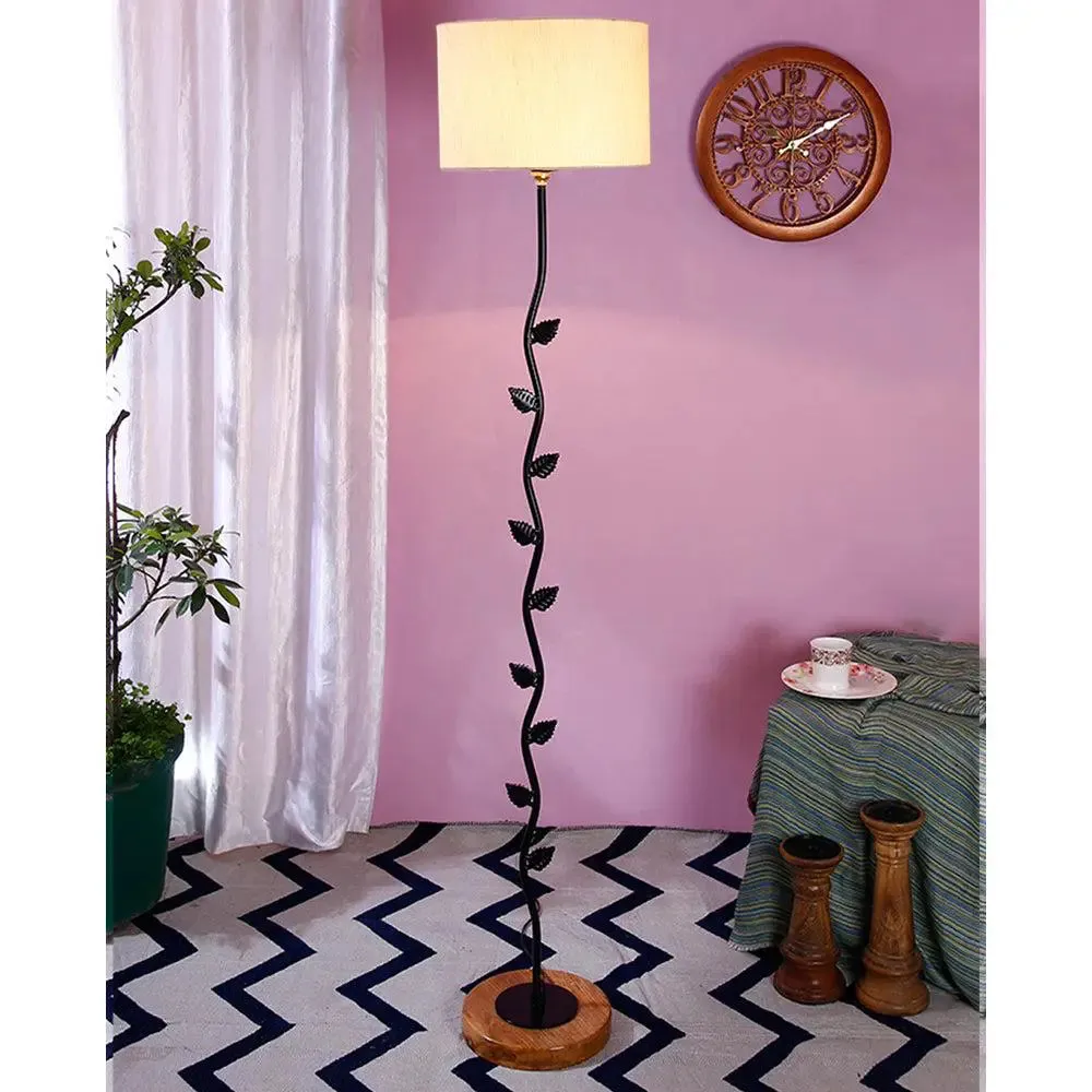 Leaf Floor Lamp with Wood Round Base & Drum Cotton Shade Off-White