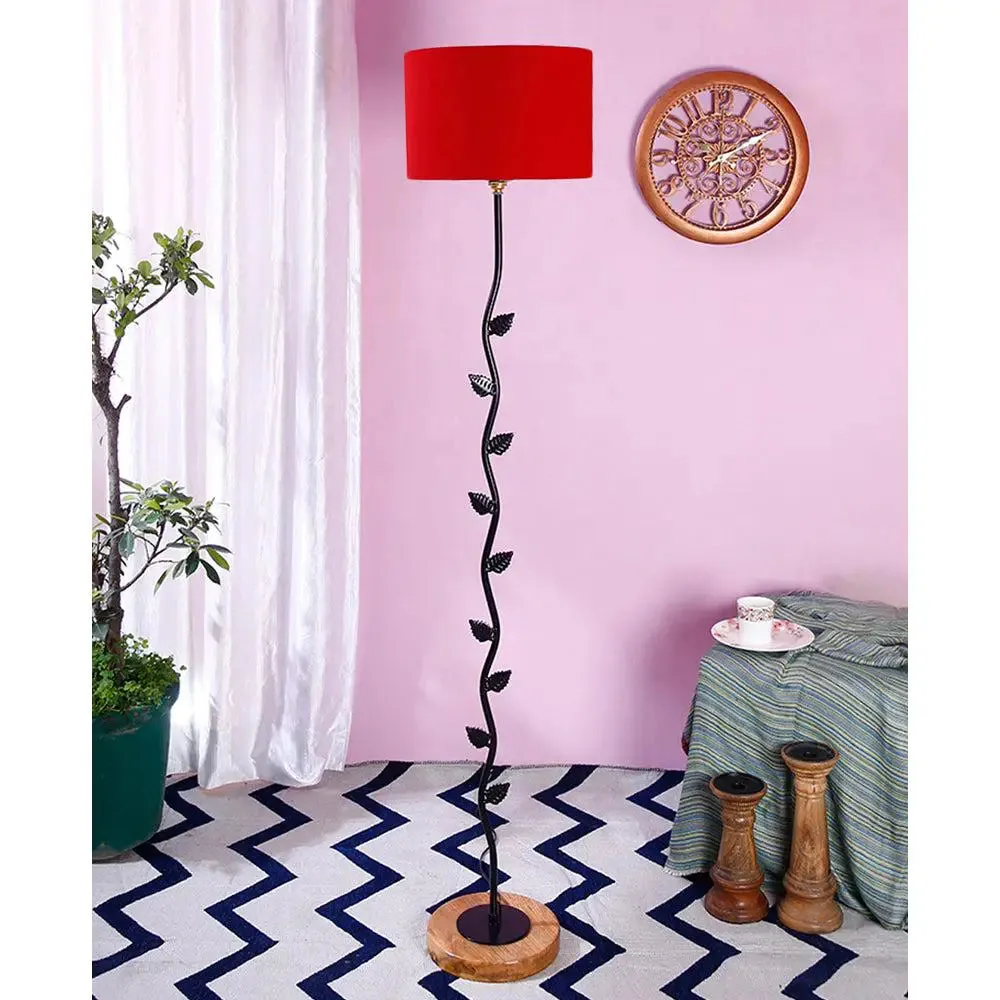 Leaf Floor Lamp with Wood Round Base & Drum Cotton Shade Off-White