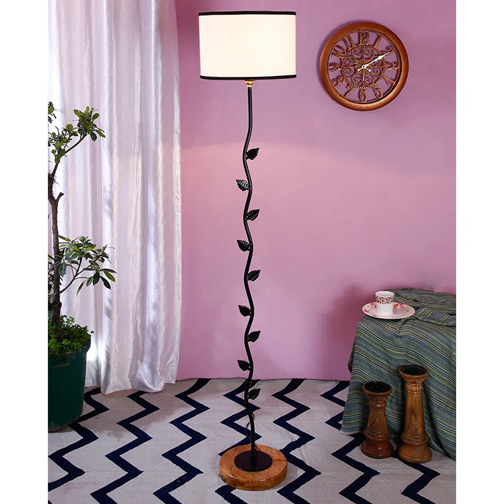 Leaf Floor Lamp with Wood Round Base & Drum Cotton Shade Off-White