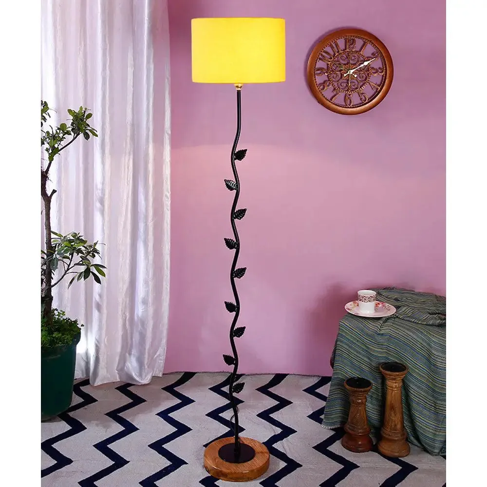 Leaf Floor Lamp with Wood Round Base & Drum Cotton Shade Off-White