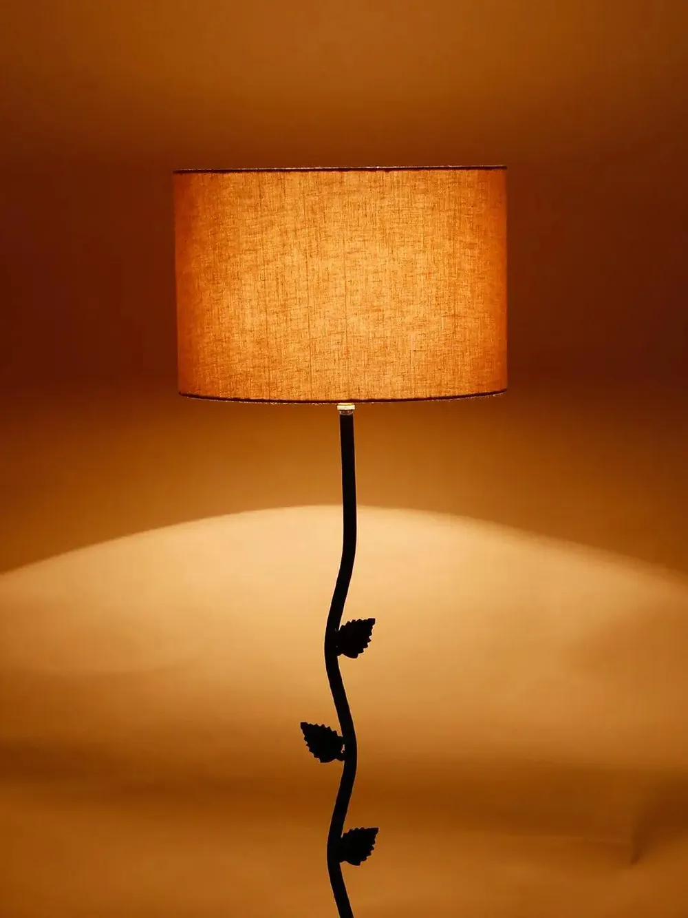 Leaf Floor Lamp with Wood Round Base & Drum Cotton Shade Off-White