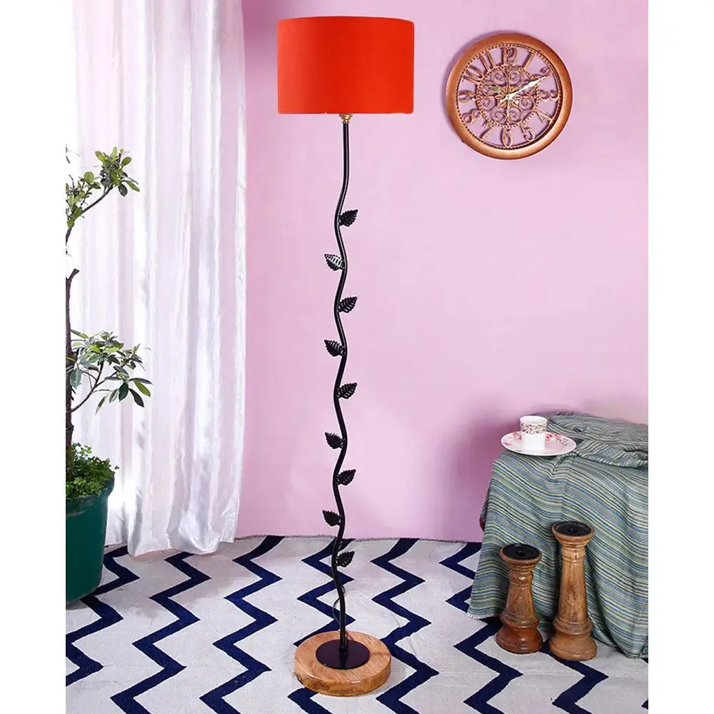Leaf Floor Lamp with Wood Round Base & Drum Cotton Shade Off-White