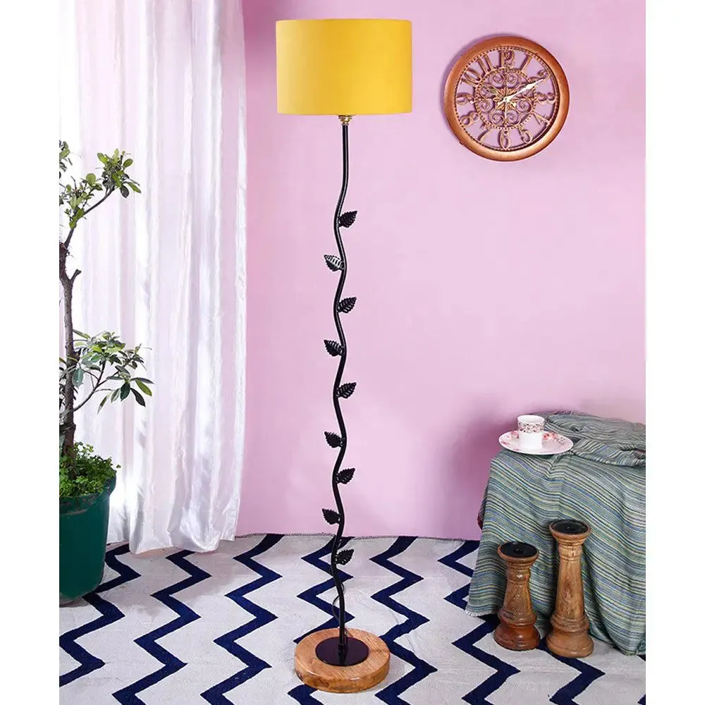 Leaf Floor Lamp with Wood Round Base & Drum Cotton Shade Off-White