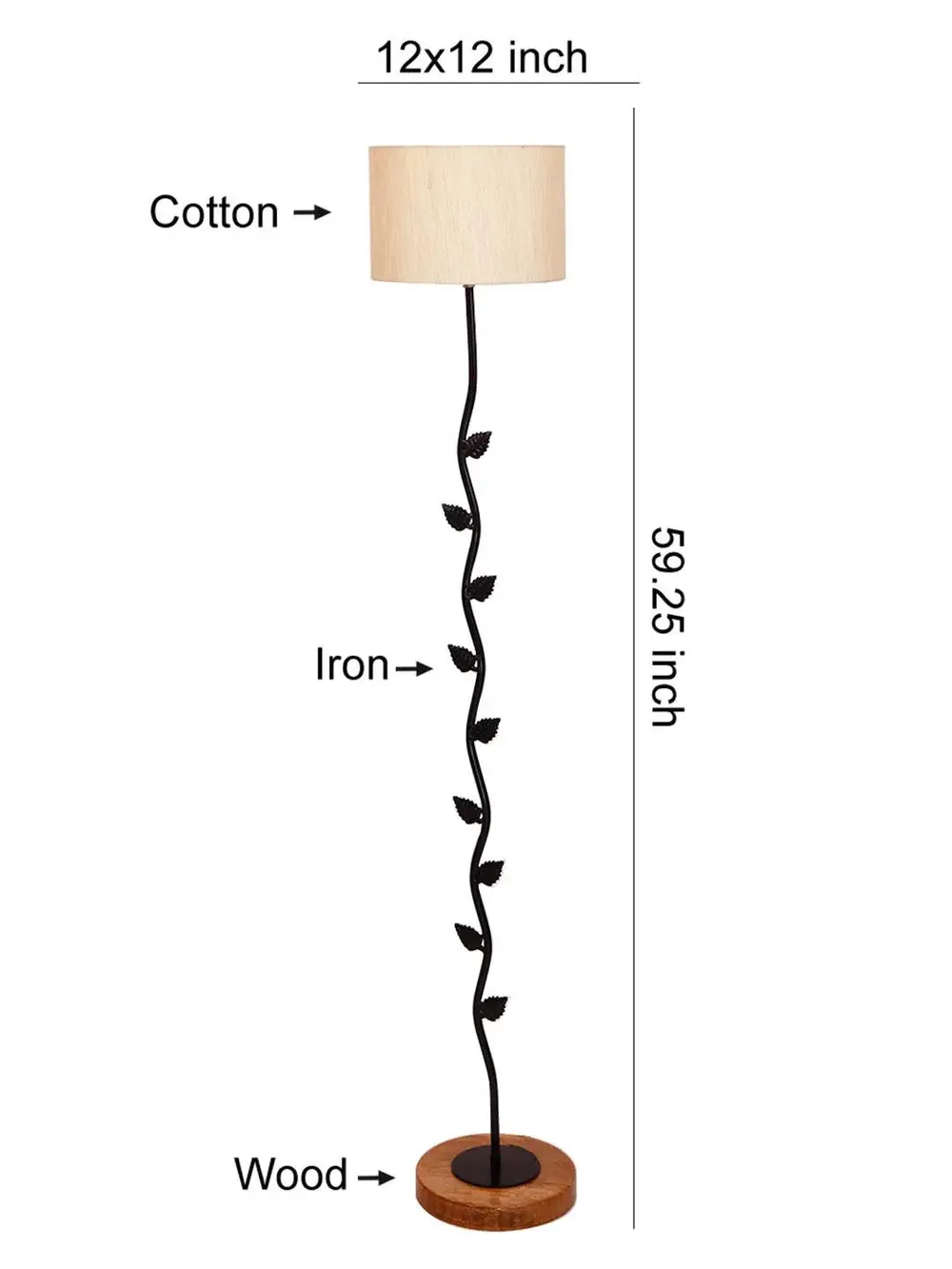 Leaf Floor Lamp with Wood Round Base & Drum Cotton Shade Off-White