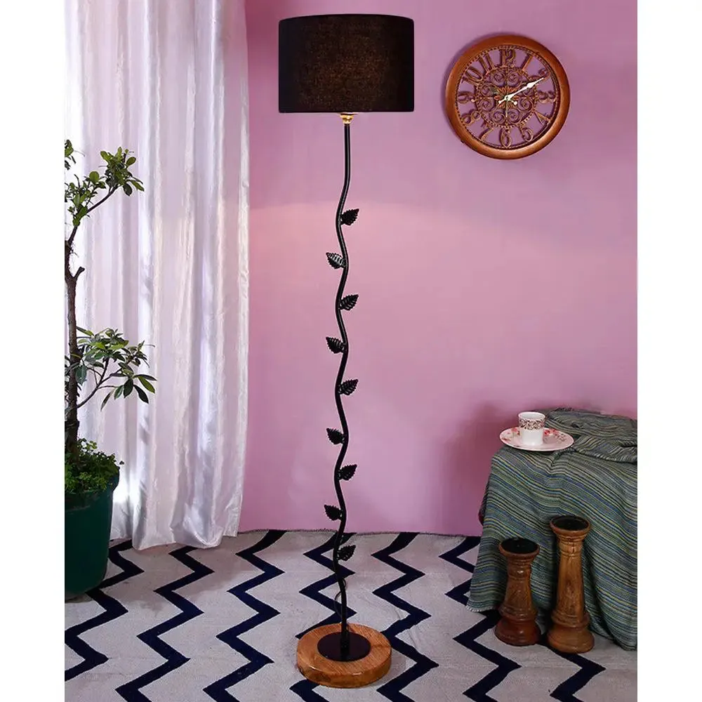 Leaf Floor Lamp with Wood Round Base & Drum Cotton Shade Off-White