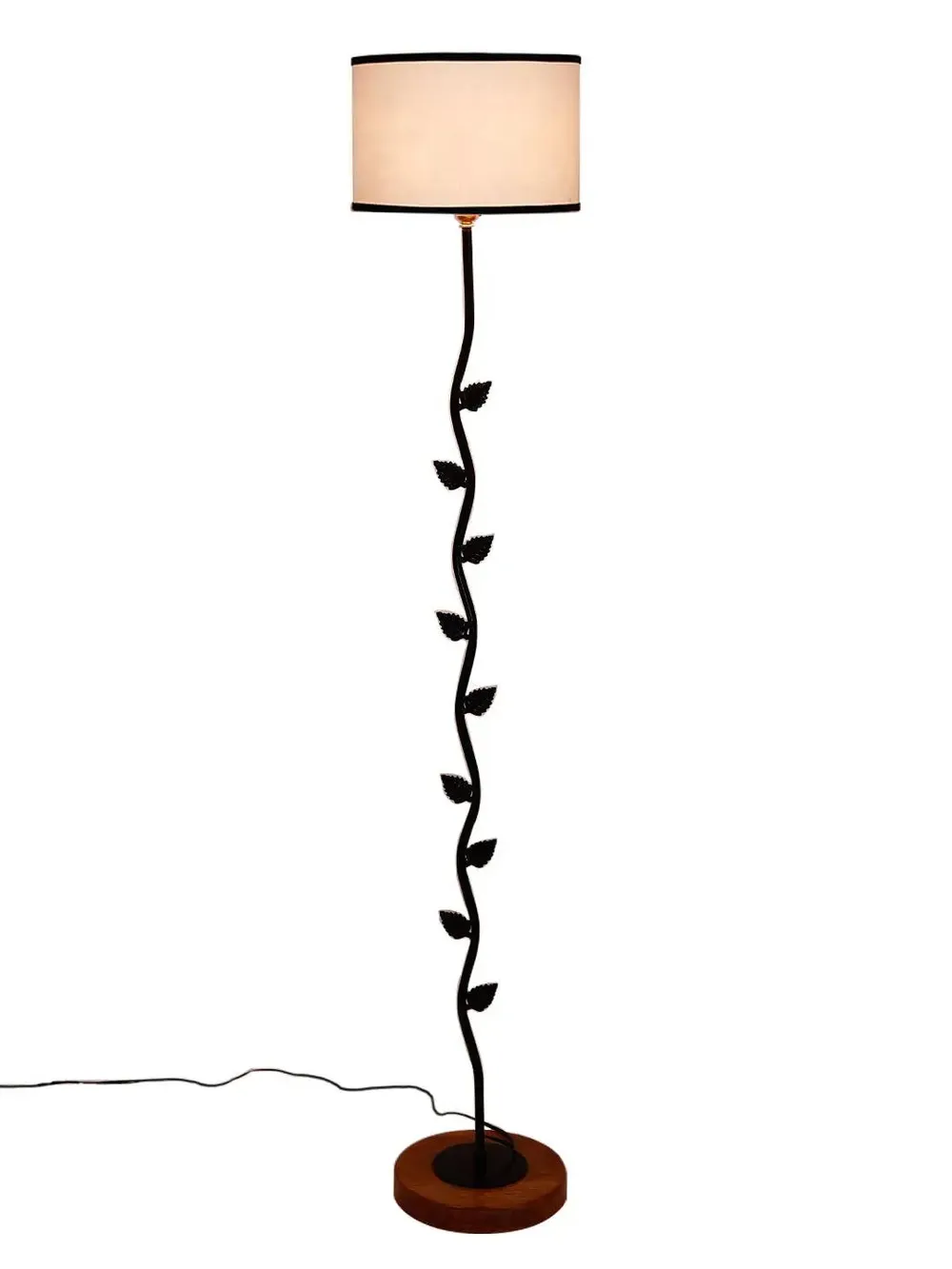 Leaf Floor Lamp with Wood Round Base & Drum Cotton Shade Off-White