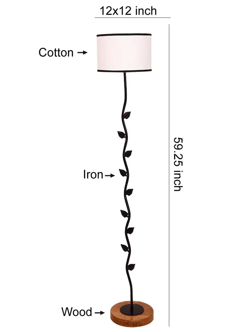 Leaf Floor Lamp with Wood Round Base & Drum Cotton Shade Off-White