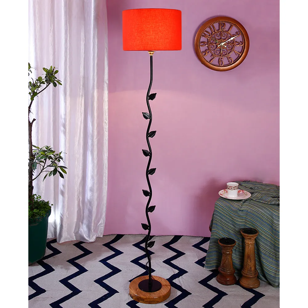Leaf Floor Lamp with Wood Round Base & Drum Cotton Shade Off-White