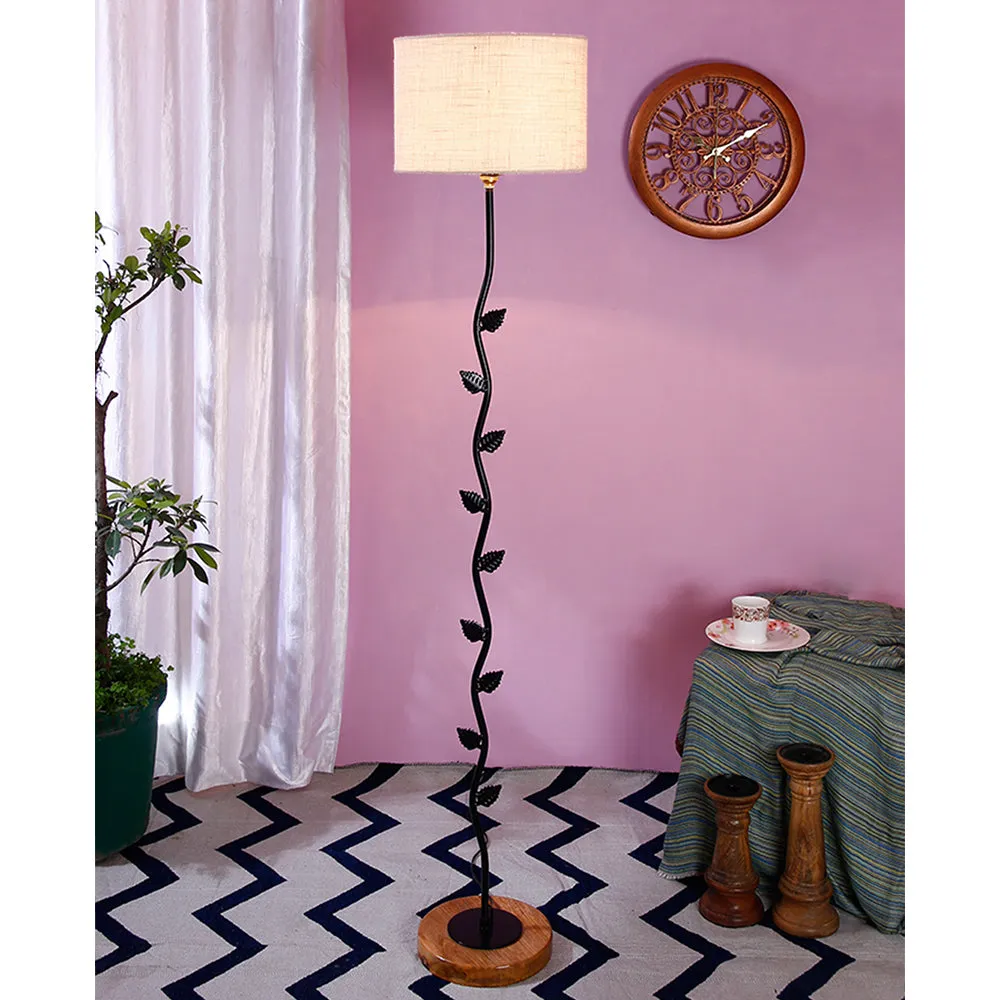 Leaf Floor Lamp with Wood Round Base & Drum Jute Shade White
