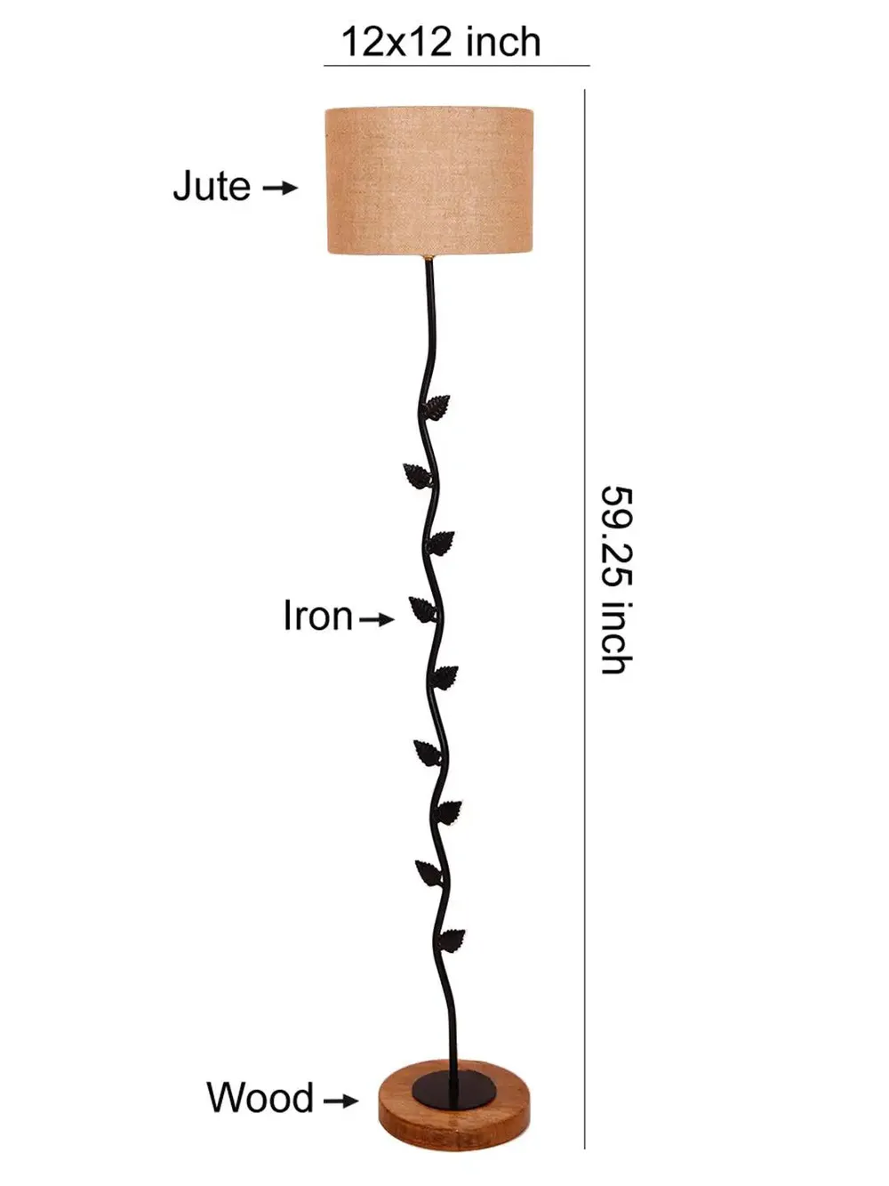 Leaf Floor Lamp with Wood Round Base & Drum Jute Shade White