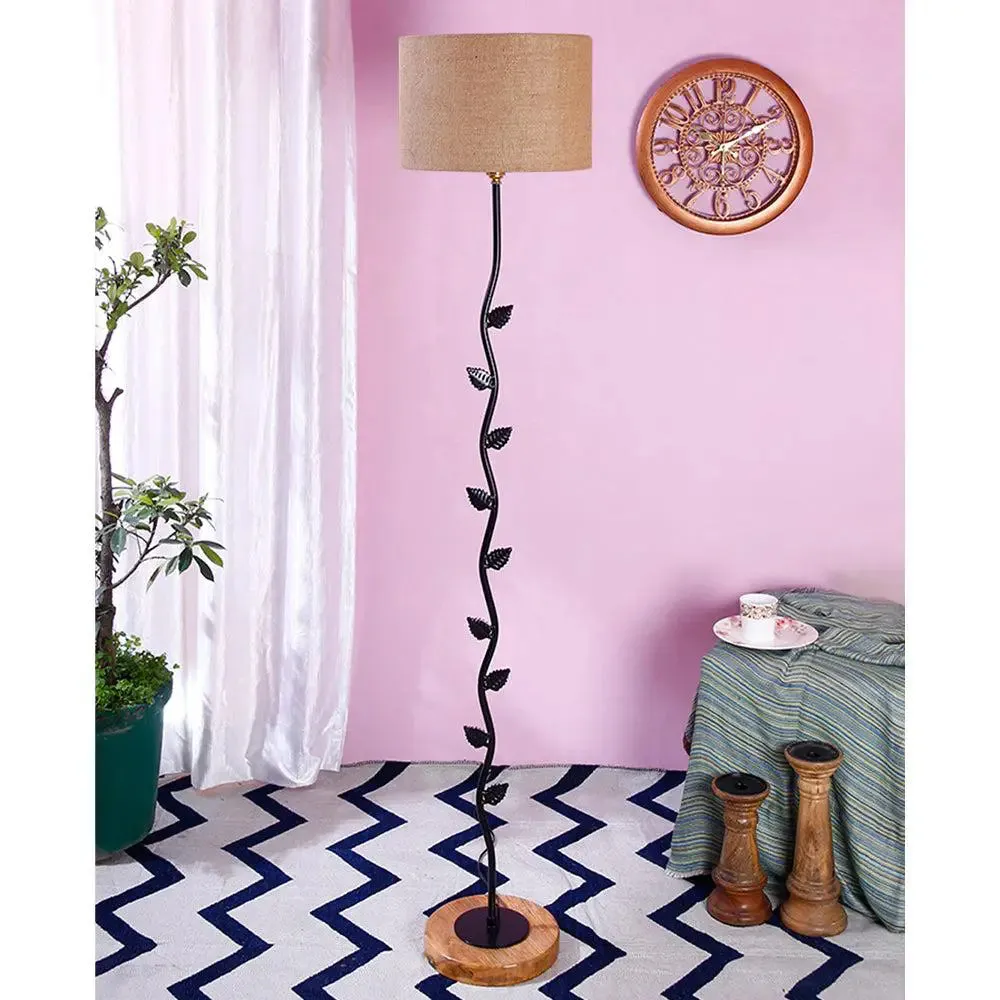 Leaf Floor Lamp with Wood Round Base & Drum Jute Shade White