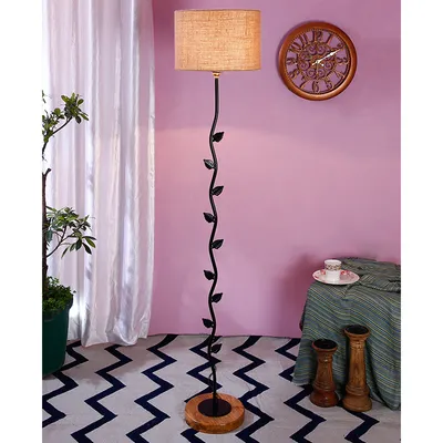 Leaf Floor Lamp with Wood Round Base & Drum Jute Shade