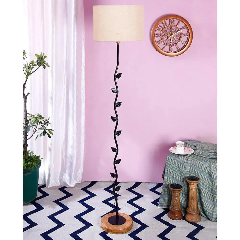 Leaf Floor Lamp with Wood Round Base & Drum Jute Shade White