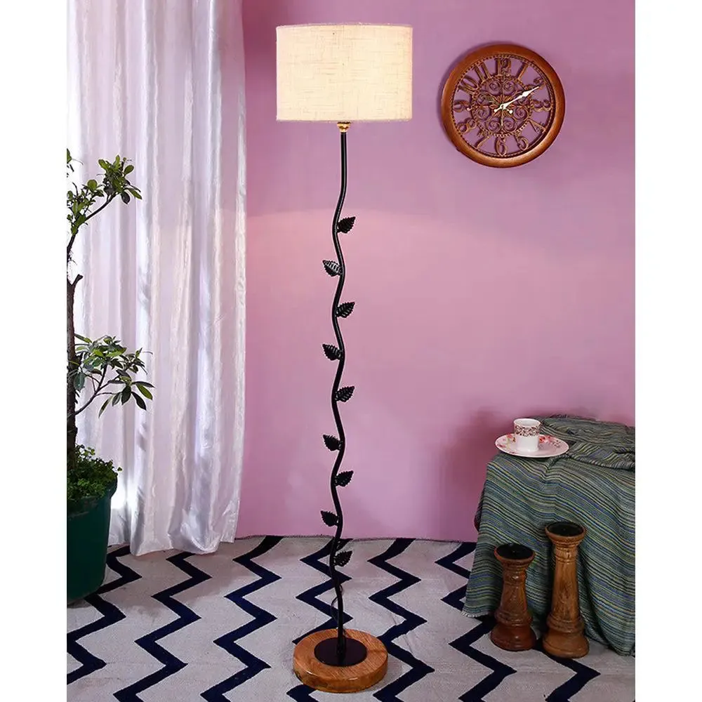Leaf Floor Lamp with Wood Round Base & Drum Jute Shade White