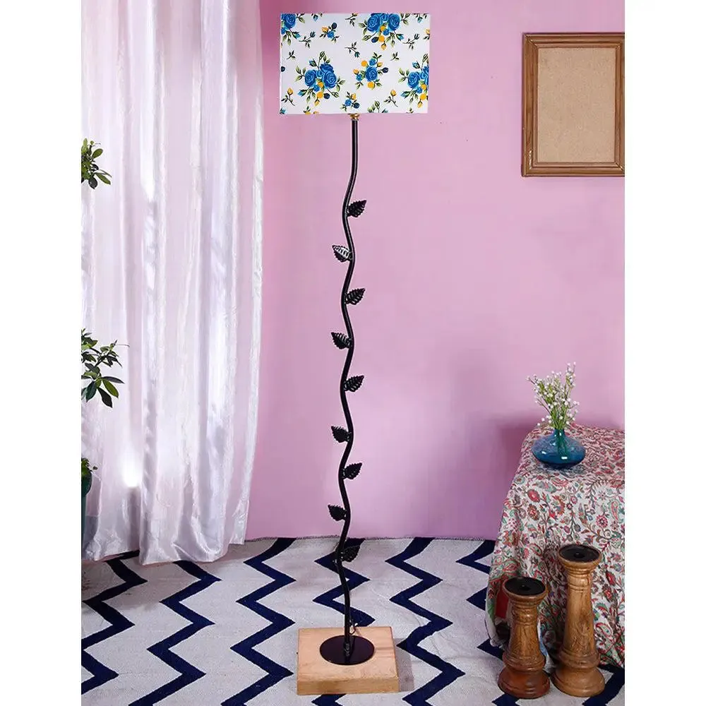 Leaf Floor Lamp with Wood Square Base & Blue Square Shade