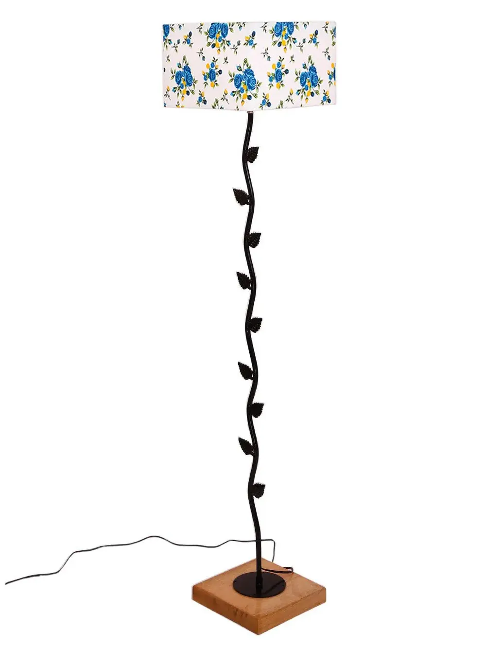 Leaf Floor Lamp with Wood Square Base & Blue Square Shade