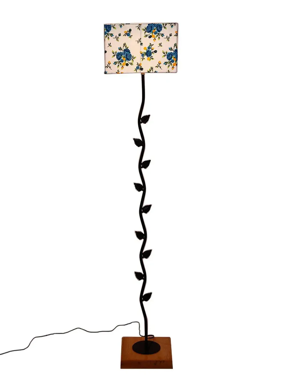 Leaf Floor Lamp with Wood Square Base & Blue Square Shade