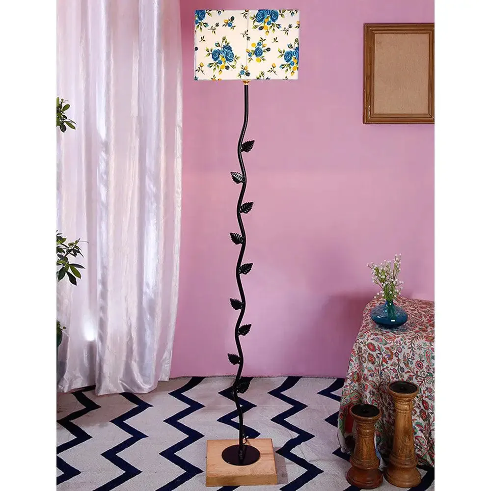 Leaf Floor Lamp with Wood Square Base & Blue Square Shade