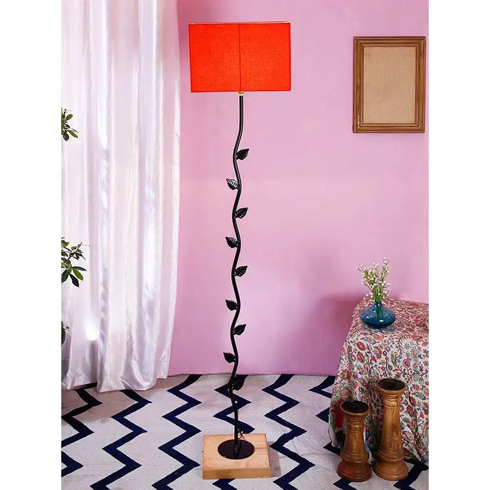 Leaf Floor Lamp with Wood Square Base & Cotton Shade MultiColour