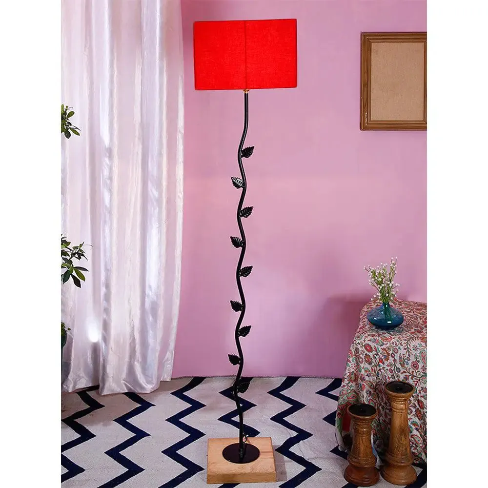 Leaf Floor Lamp with Wood Square Base & Cotton Shade MultiColour