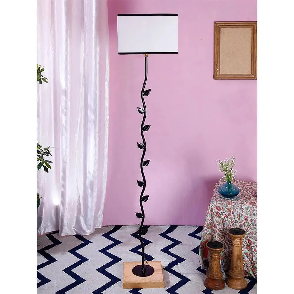 Leaf Floor Lamp with Wood Square Base & Cotton Shade MultiColour