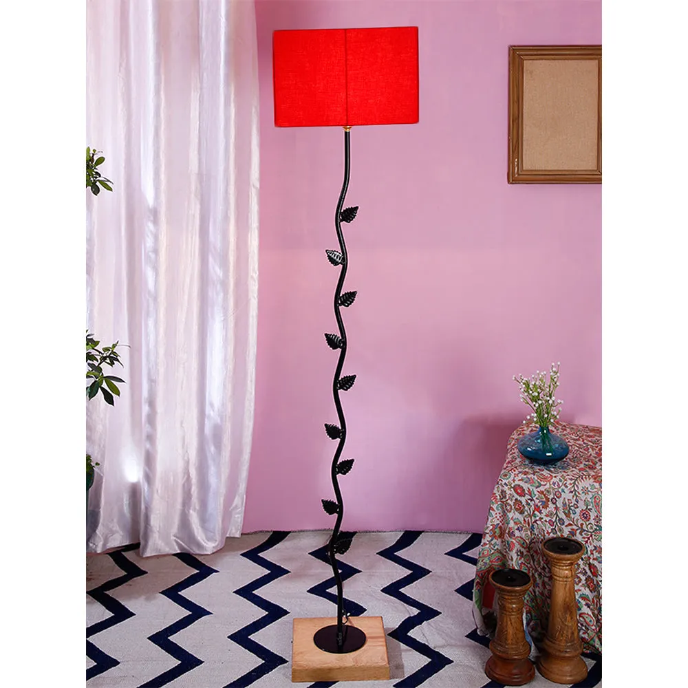 Leaf Floor Lamp with Wood Square Base & Cotton Shade MultiColour
