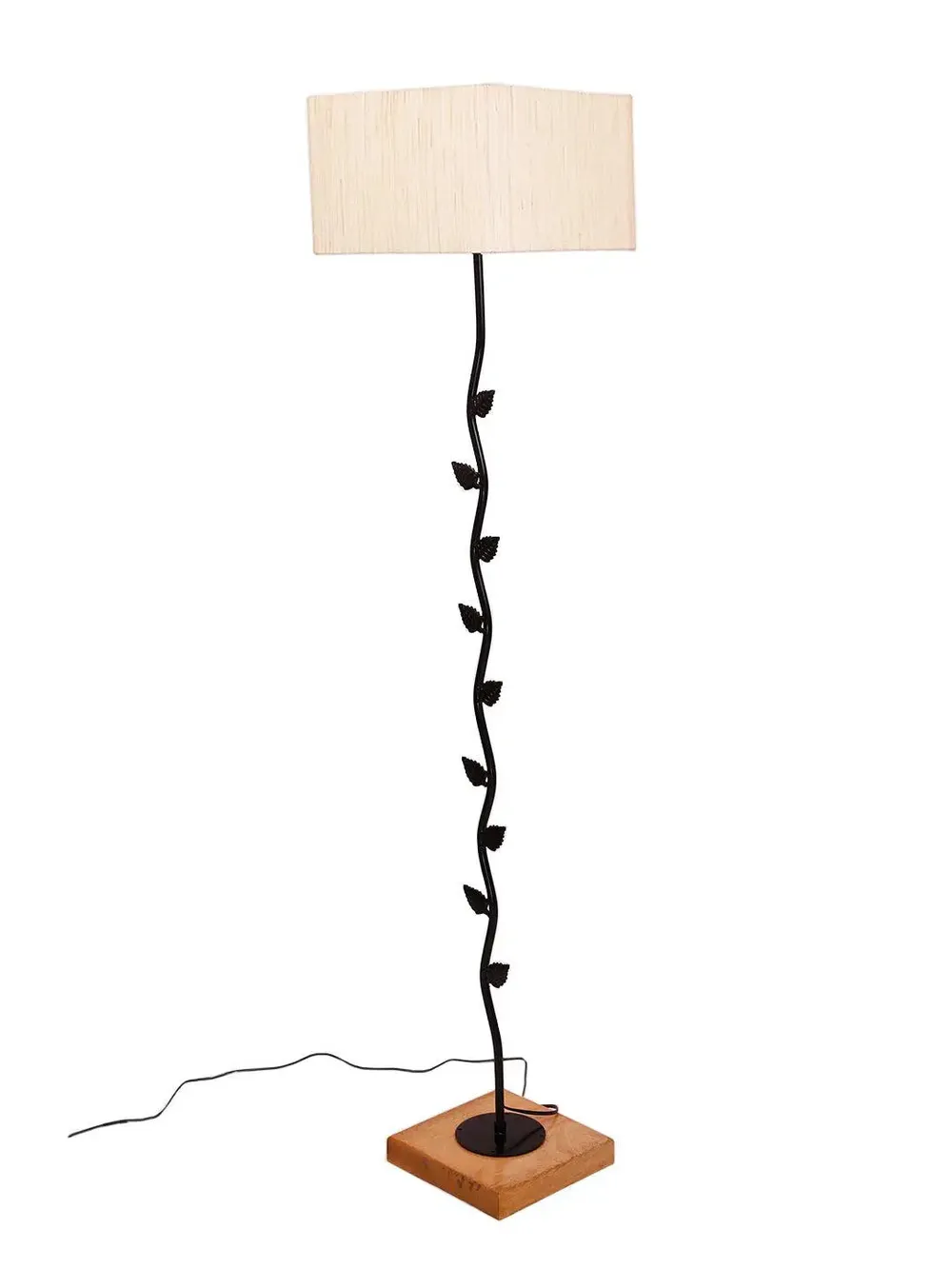 Leaf Floor Lamp with Wood Square Base & Cotton Shade MultiColour