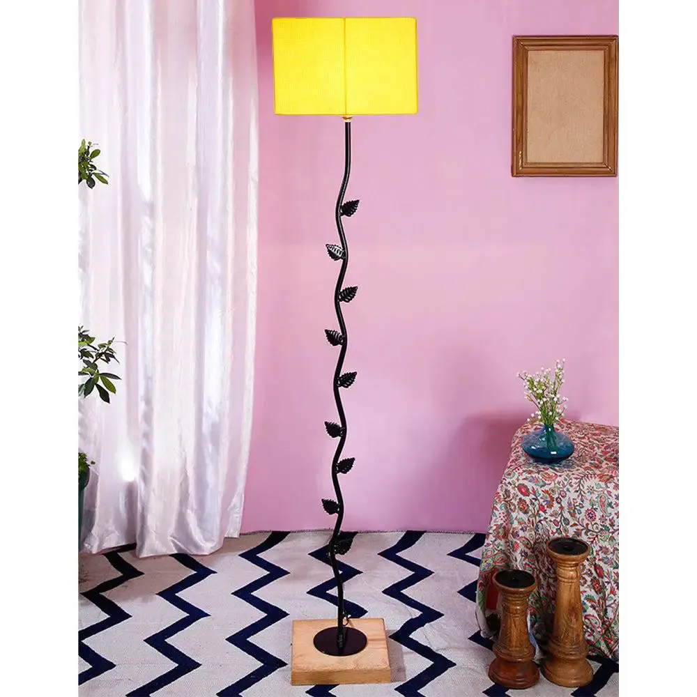 Leaf Floor Lamp with Wood Square Base & Cotton Shade MultiColour