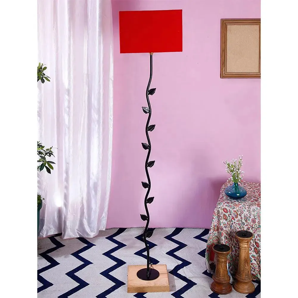 Leaf Floor Lamp with Wood Square Base & Cotton Shade MultiColour