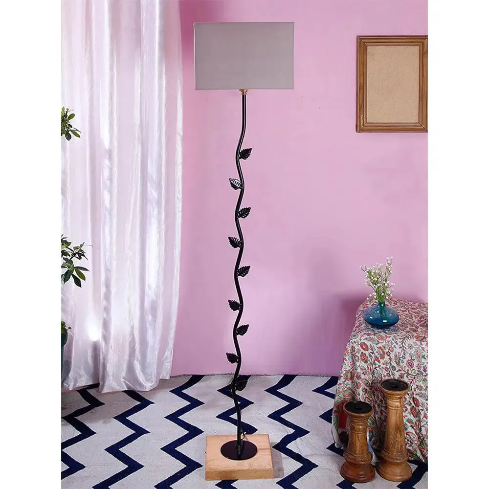 Leaf Floor Lamp with Wood Square Base & Cotton Shade MultiColour