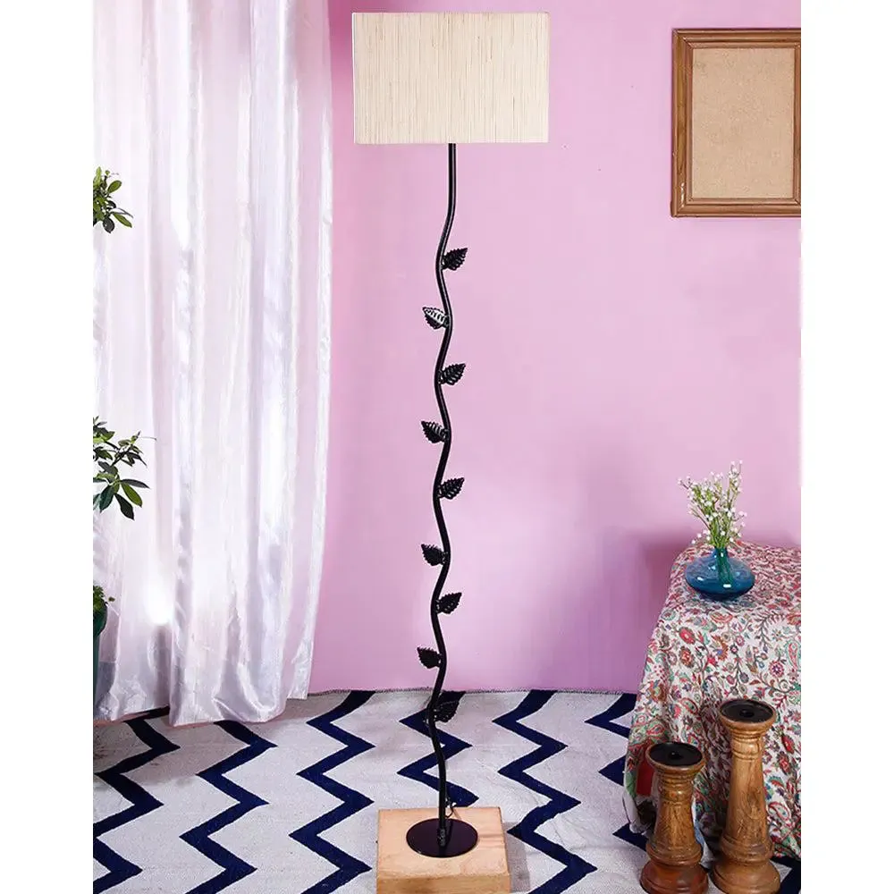 Leaf Floor Lamp with Wood Square Base & Cotton Shade MultiColour