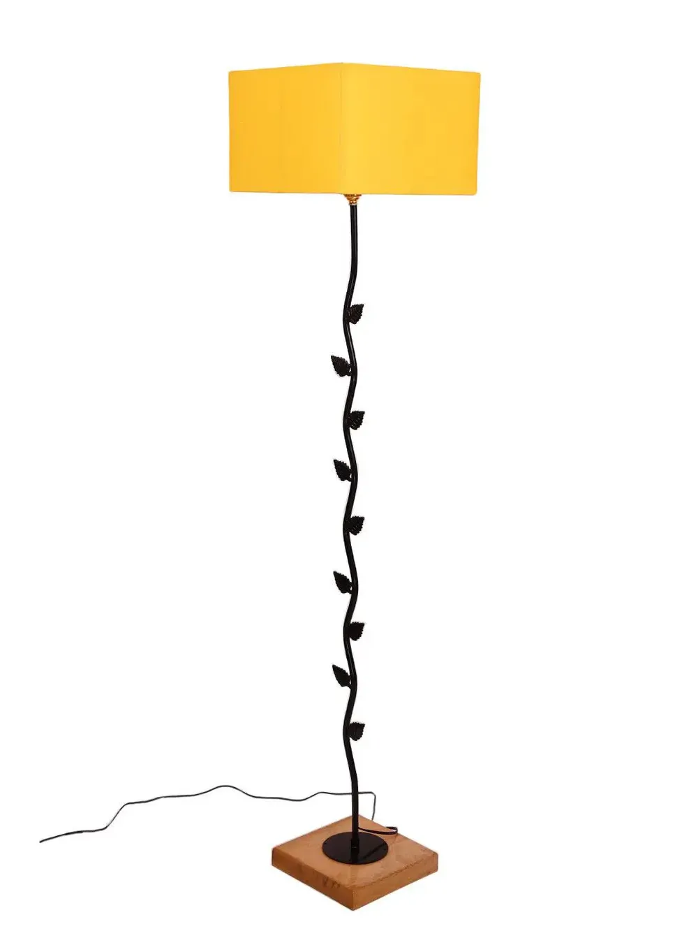 Leaf Floor Lamp with Wood Square Base & Cotton Shade MultiColour