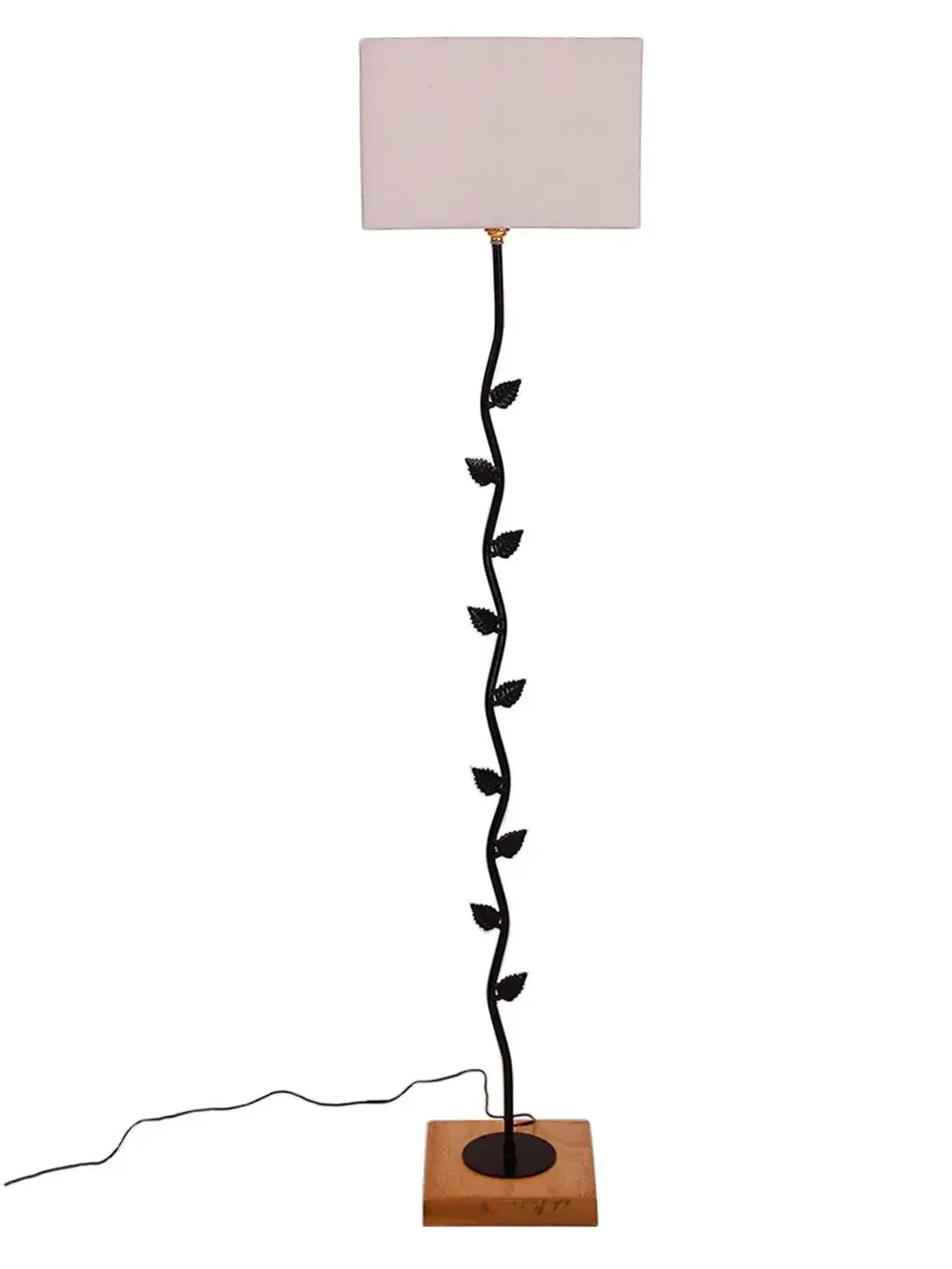 Leaf Floor Lamp with Wood Square Base & Cotton Shade MultiColour