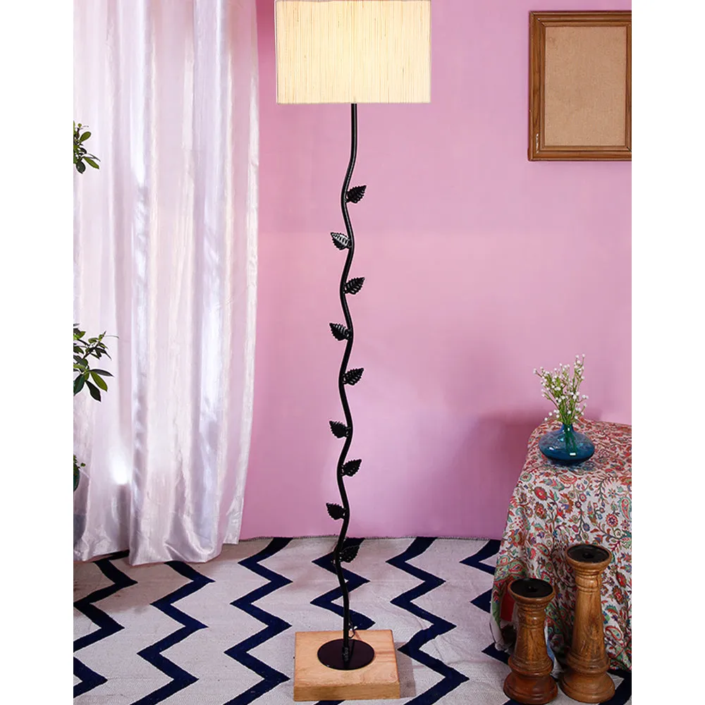 Leaf Floor Lamp with Wood Square Base & Cotton Shade MultiColour