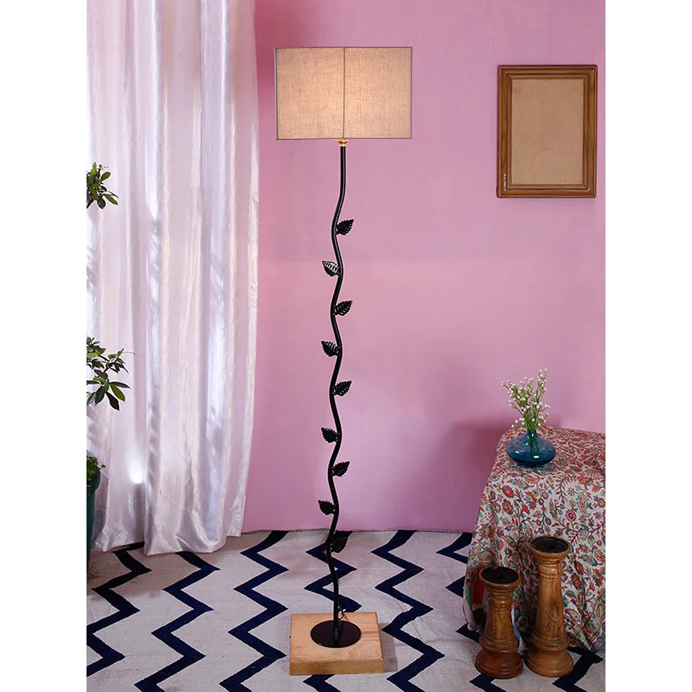 Leaf Floor Lamp with Wood Square Base & Cotton Shade MultiColour