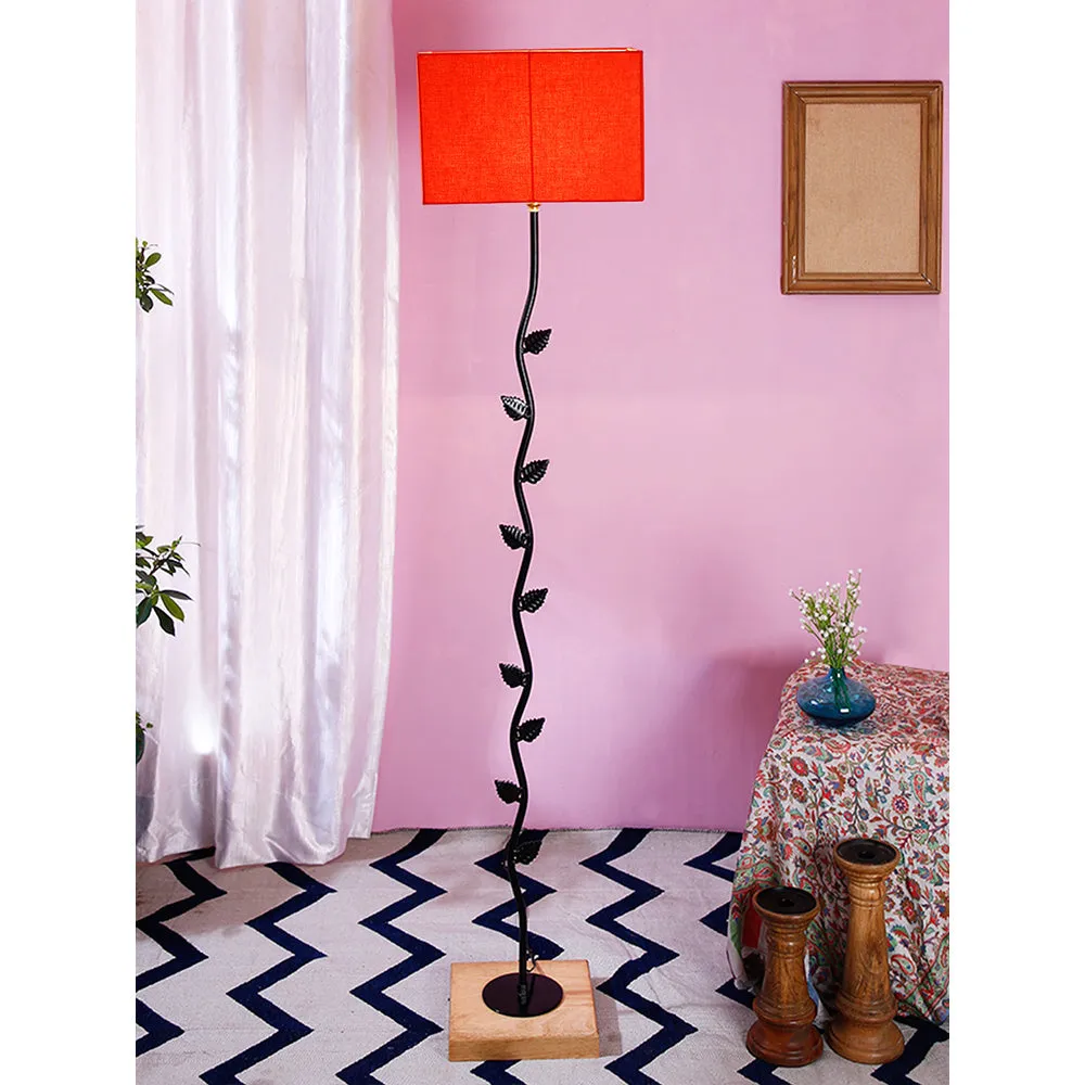 Leaf Floor Lamp with Wood Square Base & Cotton Shade MultiColour