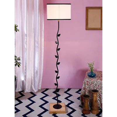 Leaf Floor Lamp with Wood Square Base & Cotton Shade