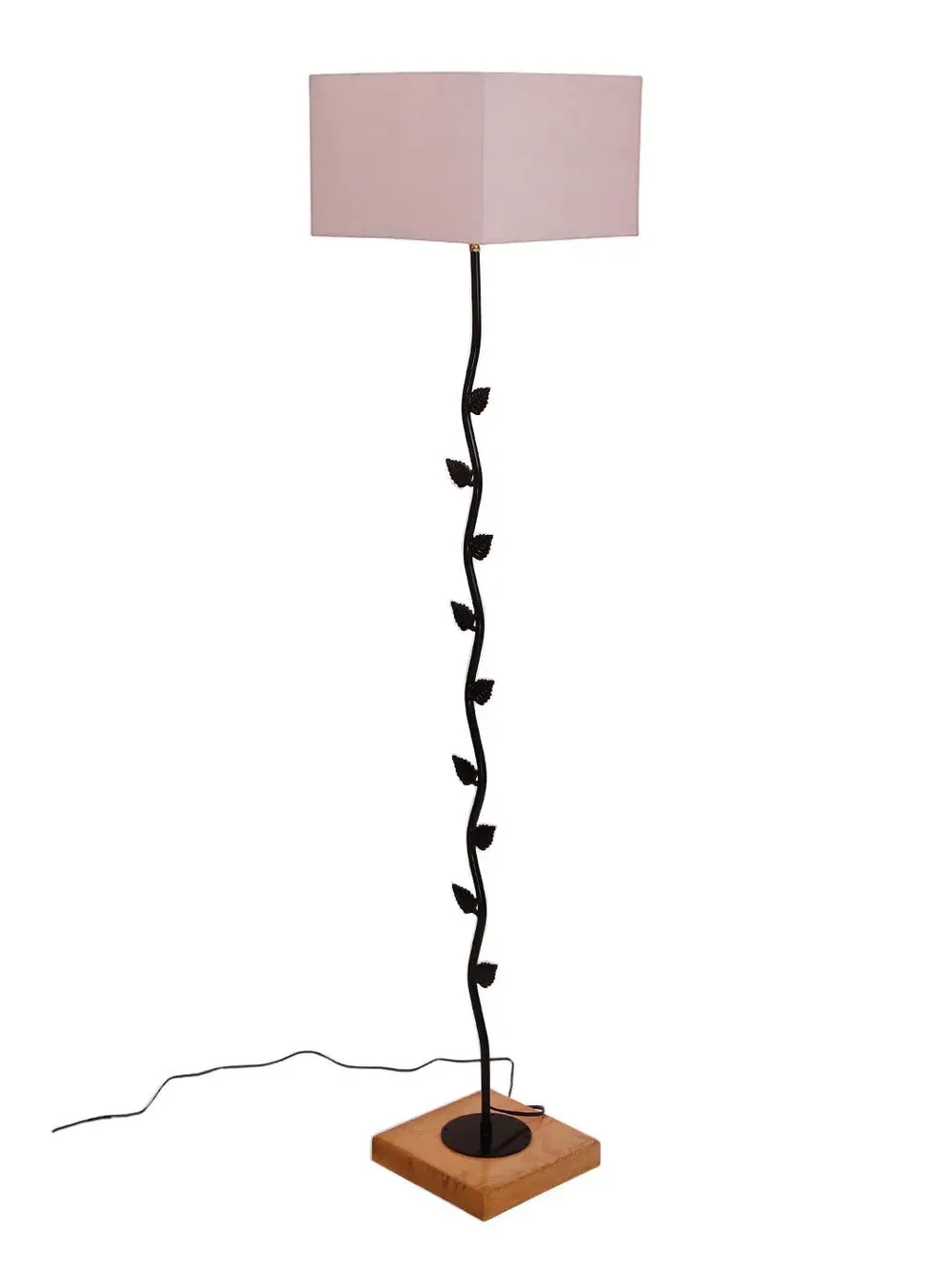 Leaf Floor Lamp with Wood Square Base & Cotton Shade MultiColour