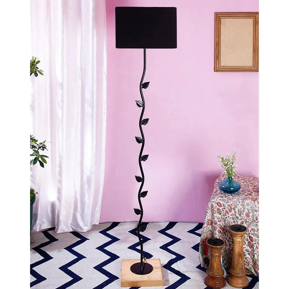 Leaf Floor Lamp with Wood Square Base & Cotton Shade MultiColour