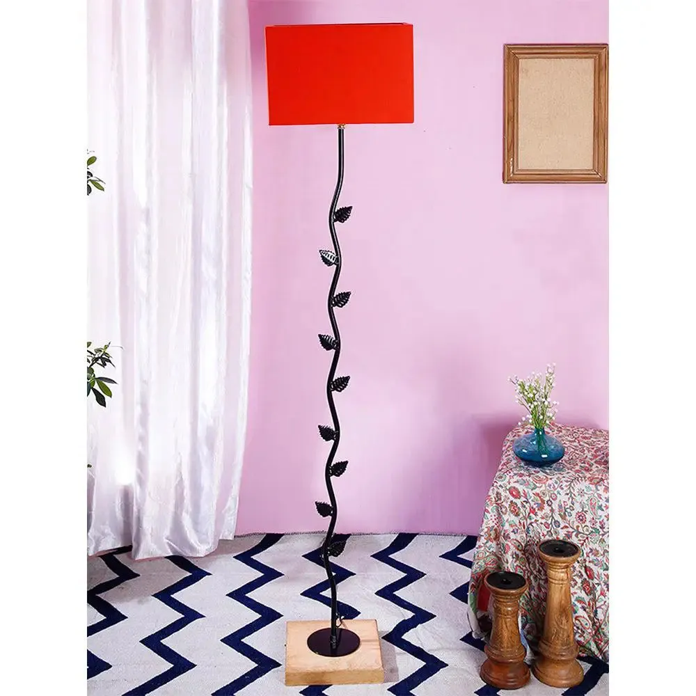Leaf Floor Lamp with Wood Square Base & Cotton Shade MultiColour