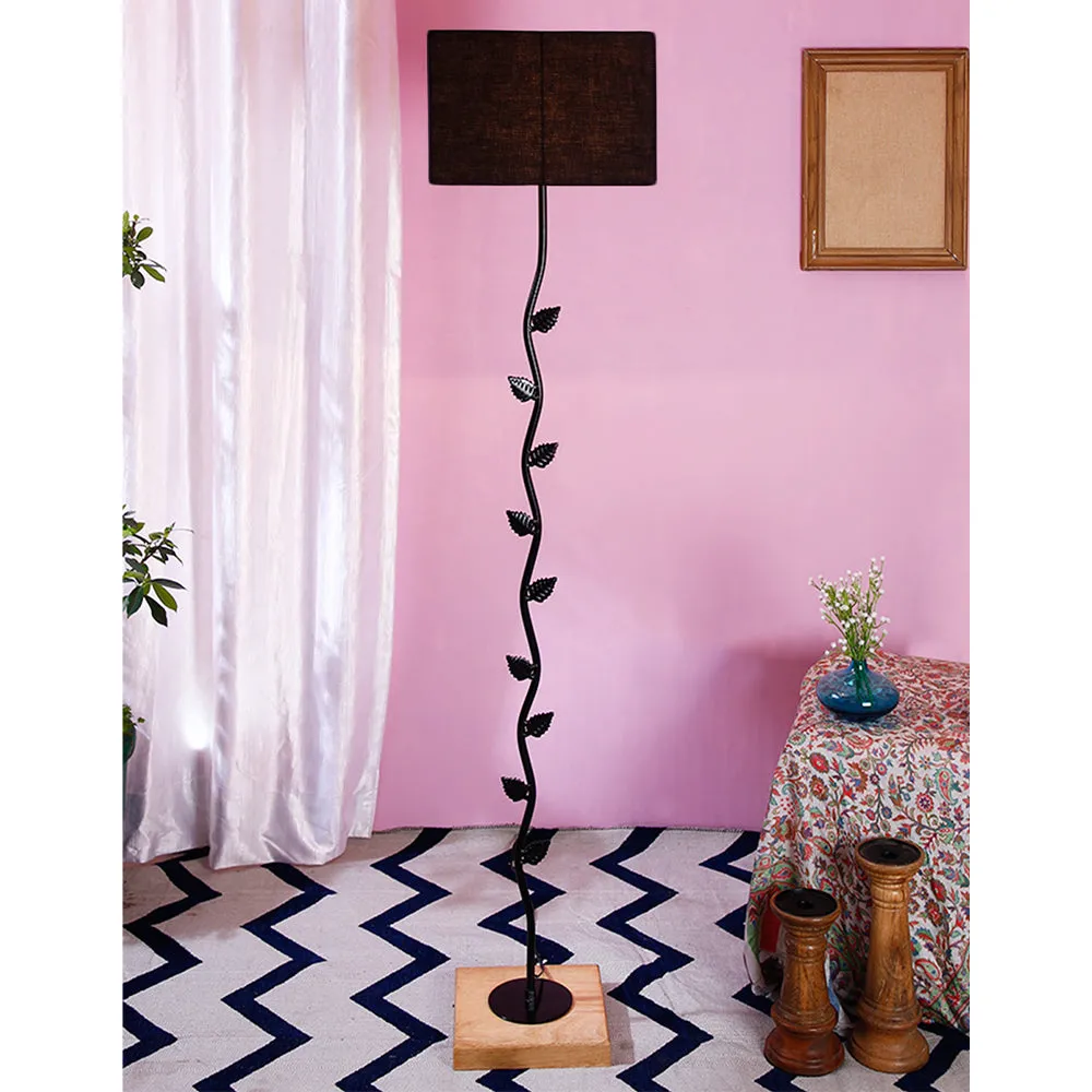 Leaf Floor Lamp with Wood Square Base & Cotton Shade MultiColour