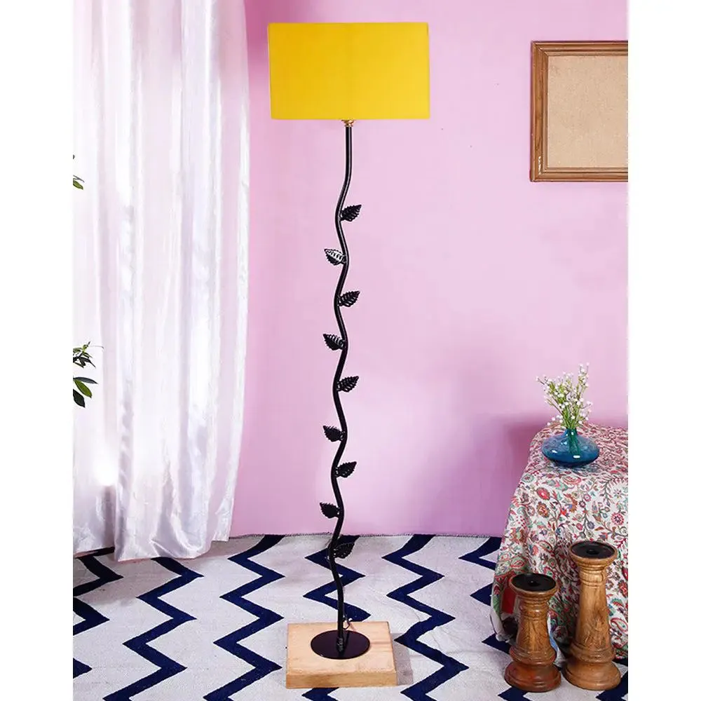 Leaf Floor Lamp with Wood Square Base & Cotton Shade MultiColour