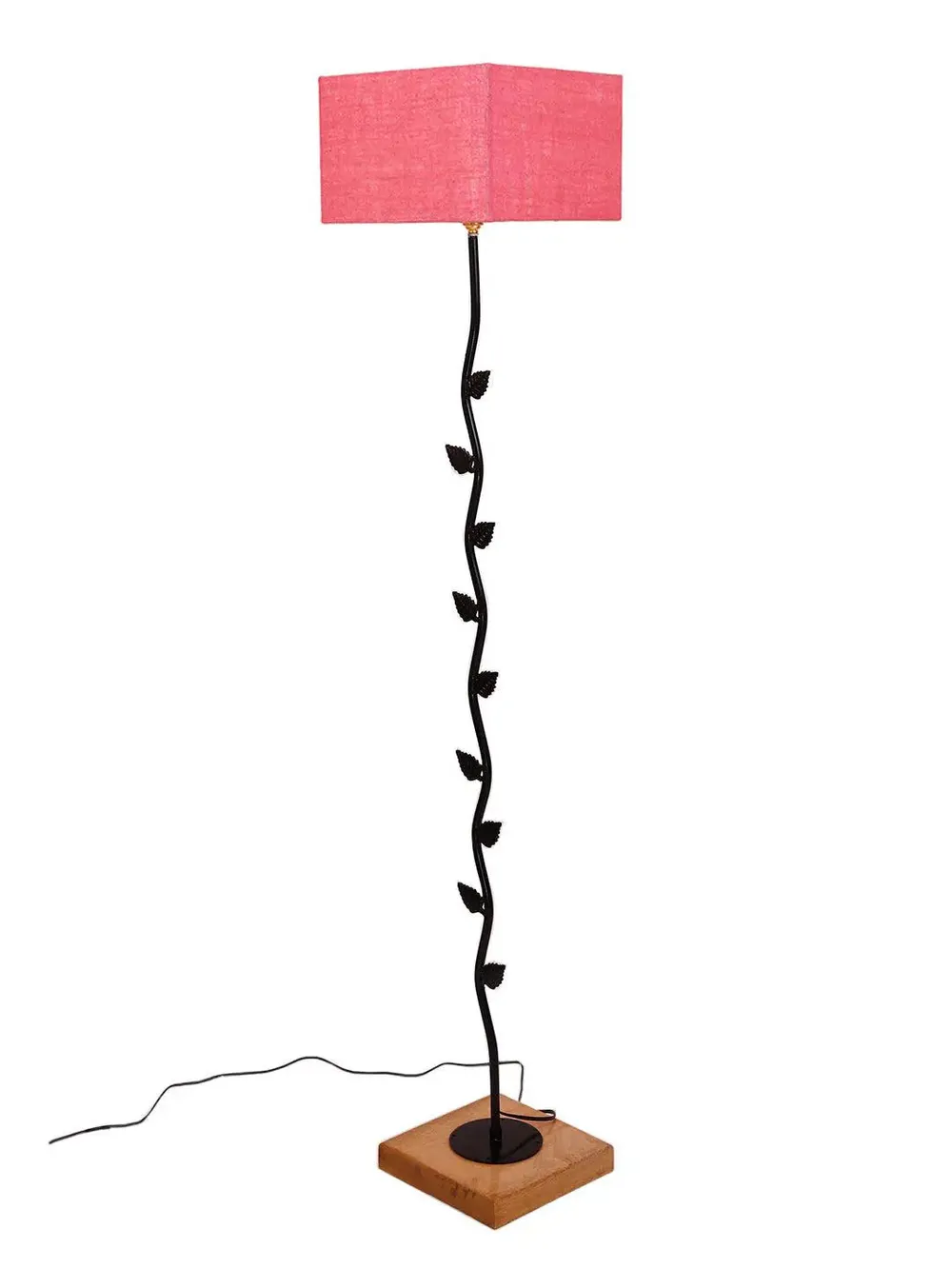 Leaf Floor Lamp with Wood Square Base & Jute Shade Blue